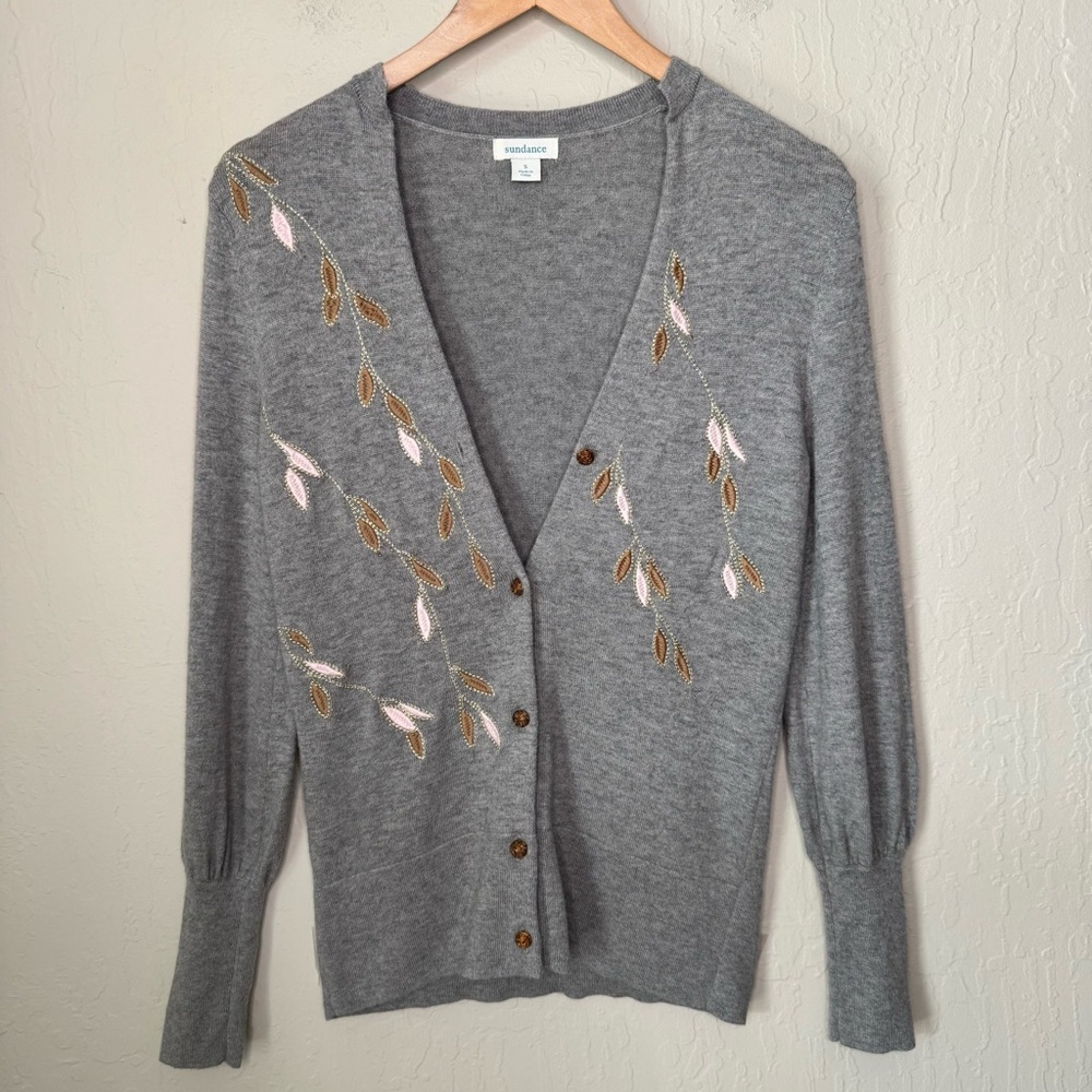 SUNDANCE Afterlight Gray Embroidered Cardigan Merino Wool Cotton Embellished SM - Picture 16 of 16